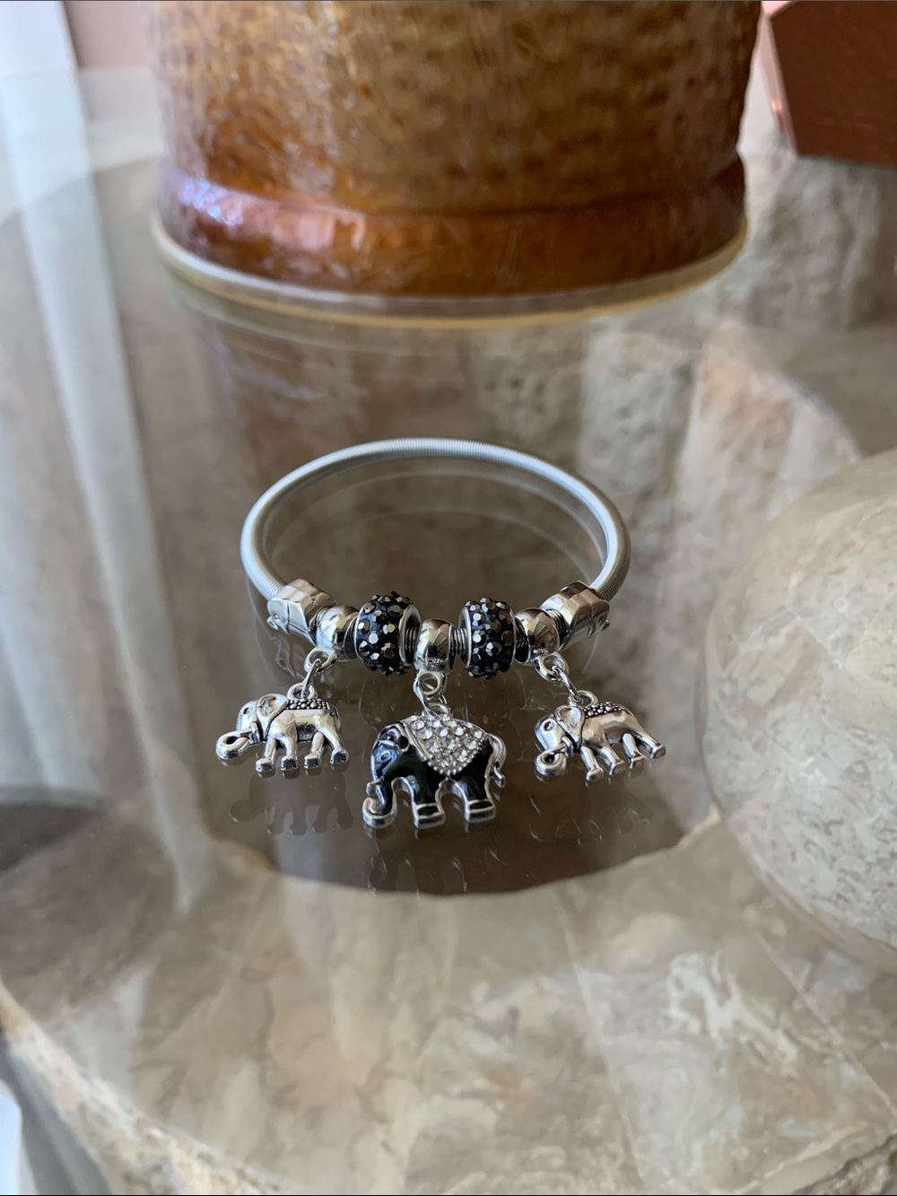 Silver Elephant Charm Bangle Stretch Bracelet with Black Accents